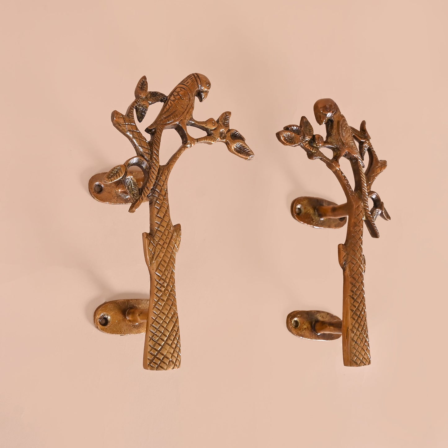 Brass Door Handle Pair Parrot on Tree Design 8"