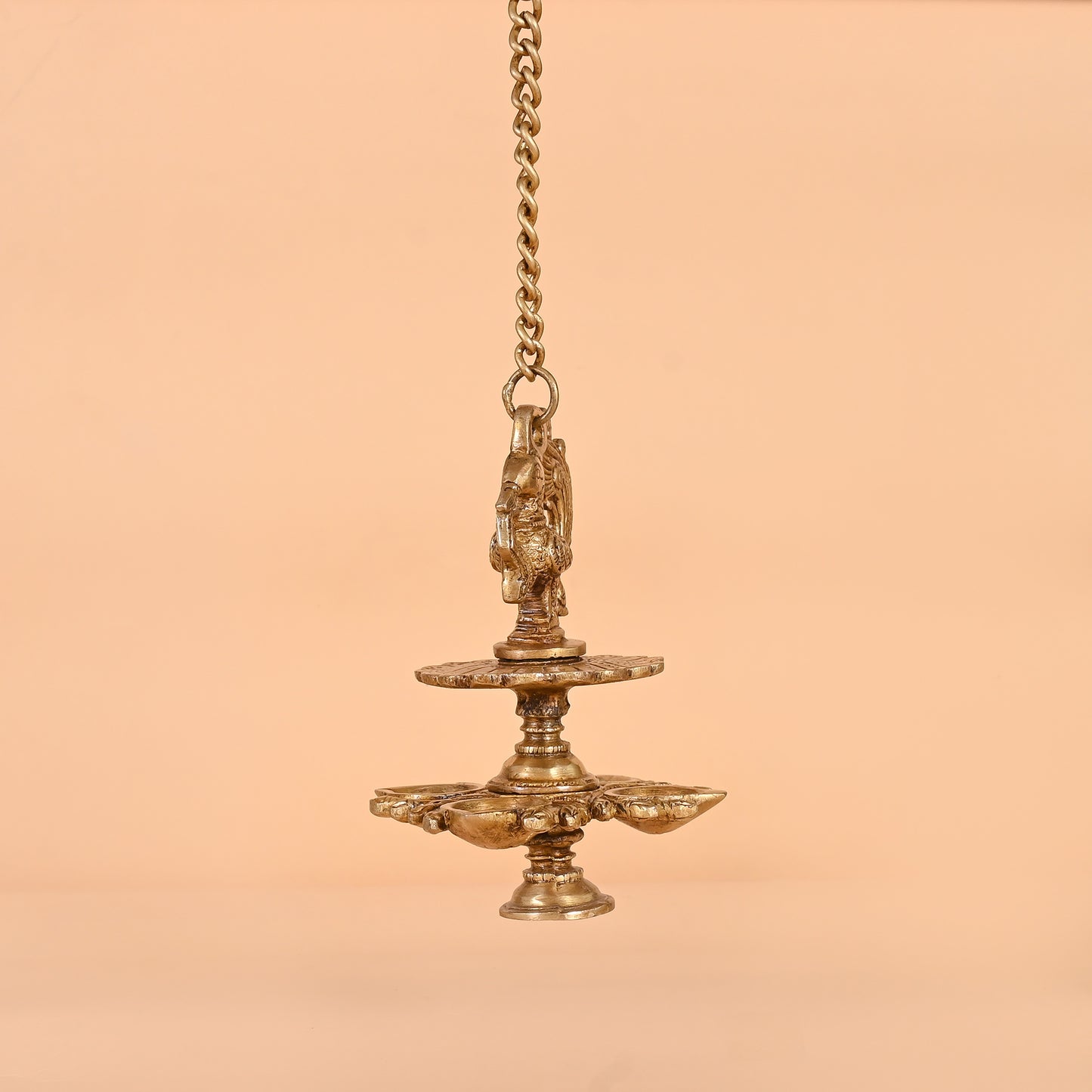 Brass Handmade Peacock Design 4 Oil Wick Hanging Diya