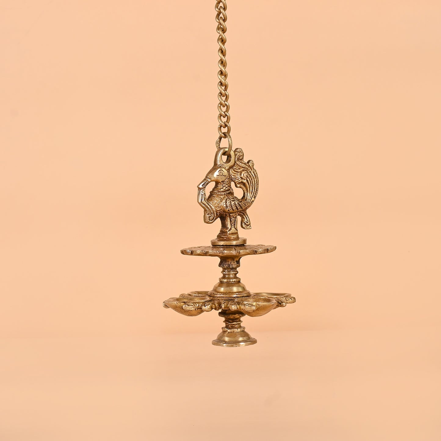 Brass Handmade Peacock Design 4 Oil Wick Hanging Diya
