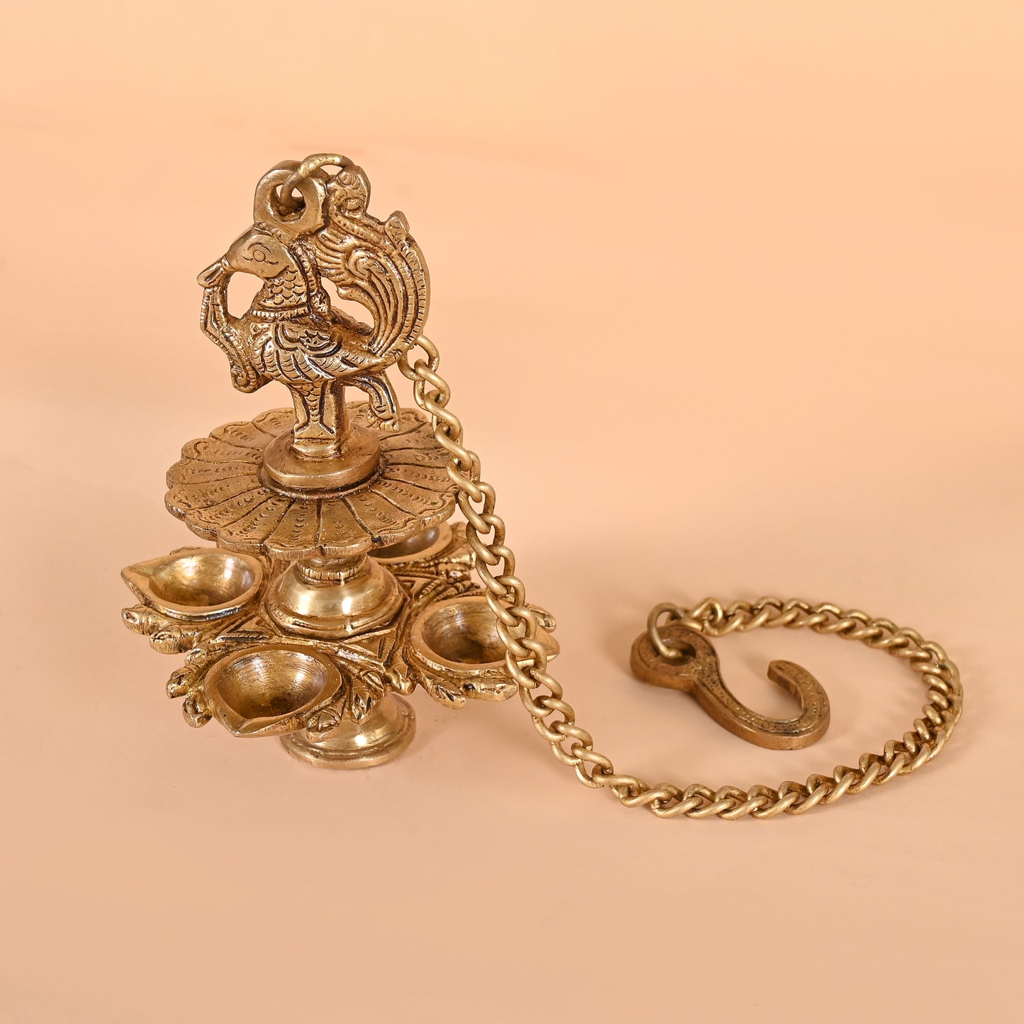 Brass Handmade Peacock Design 4 Oil Wick Hanging Diya