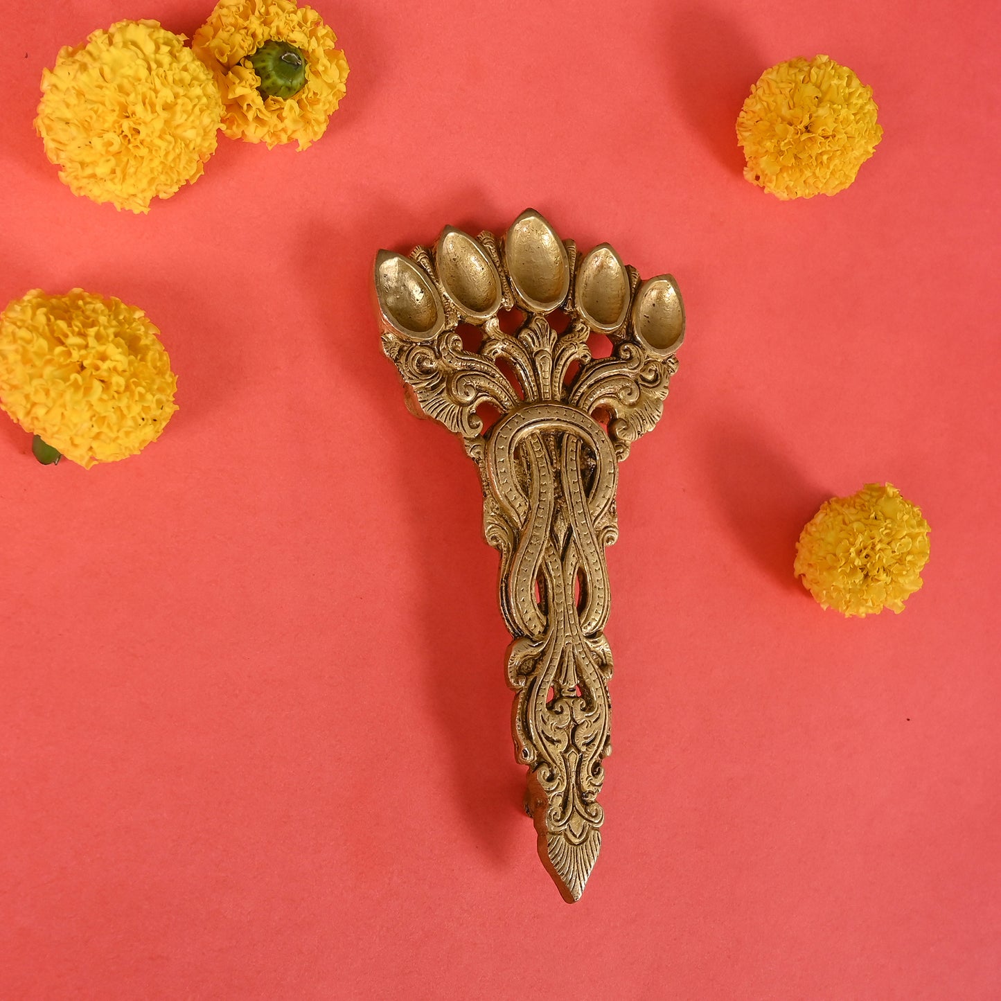 Brass Sheshnag Design Five Oil Wick Pooja Spoon