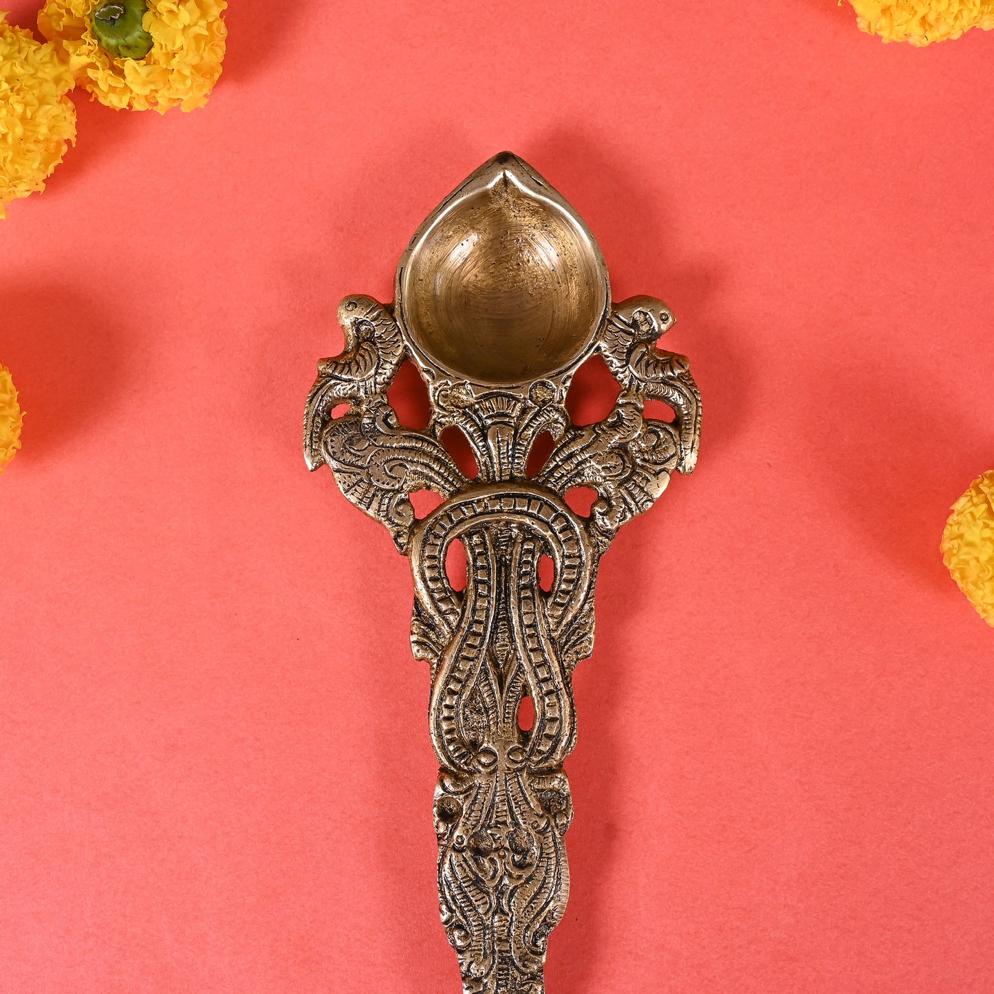 Brass Twin Peacock Design Round Pooja Aarti Spoon