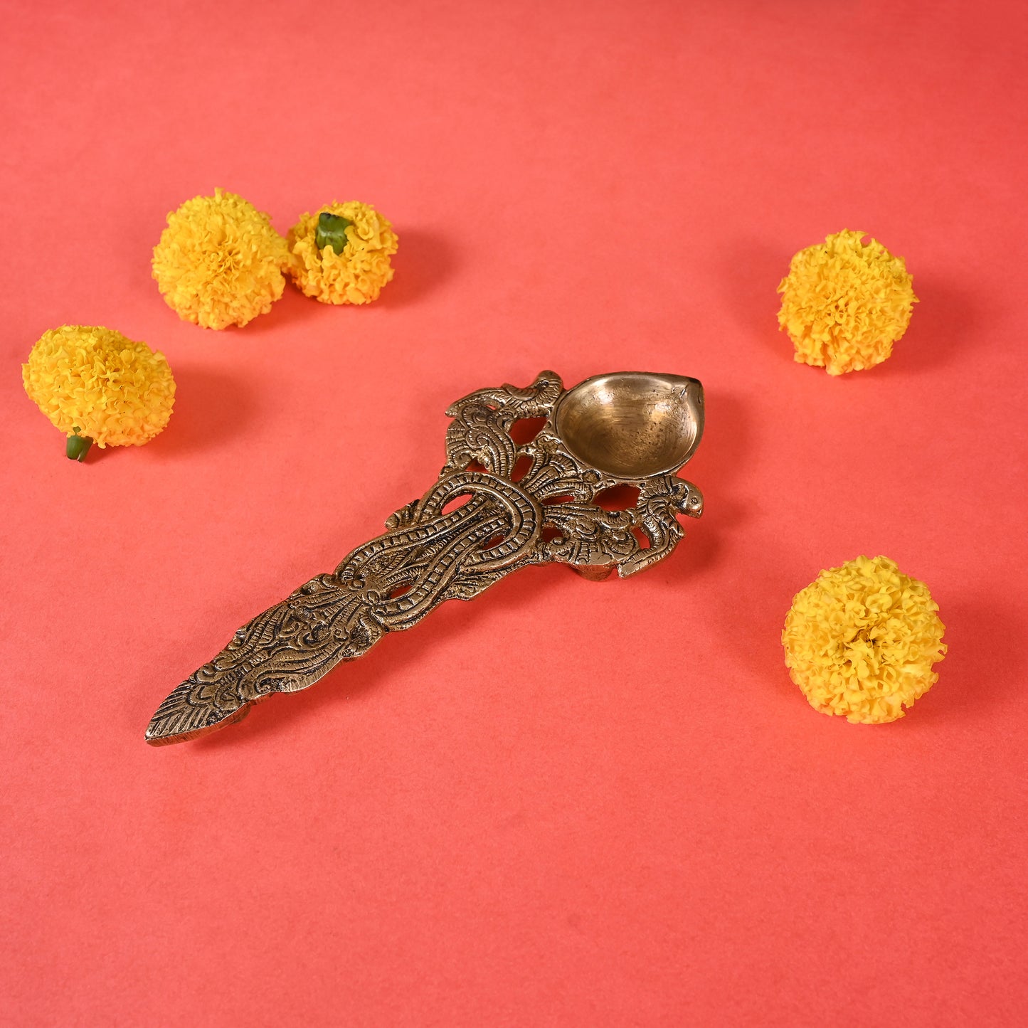 Brass Twin Peacock Design Round Pooja Aarti Spoon