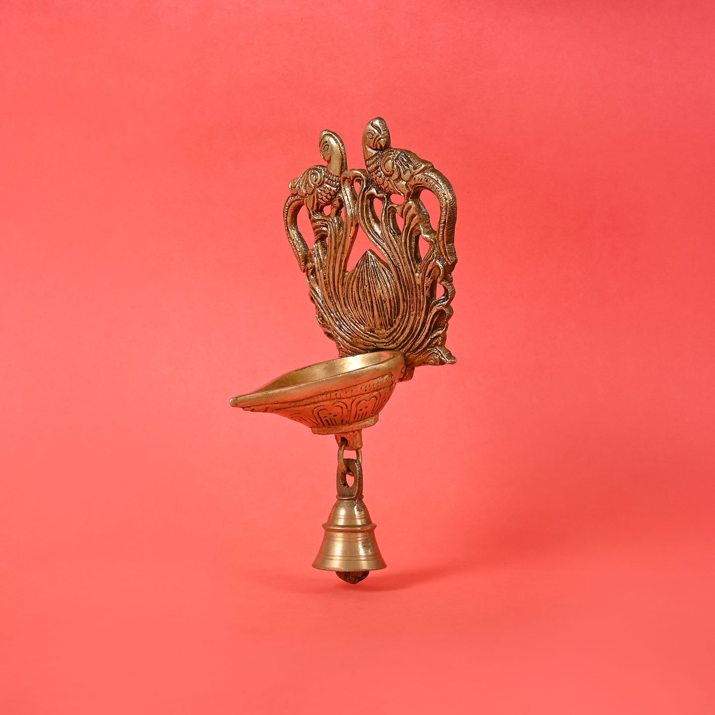 Brass Ethnic Twin Peacock Design Wall Hanging Diya with Bell