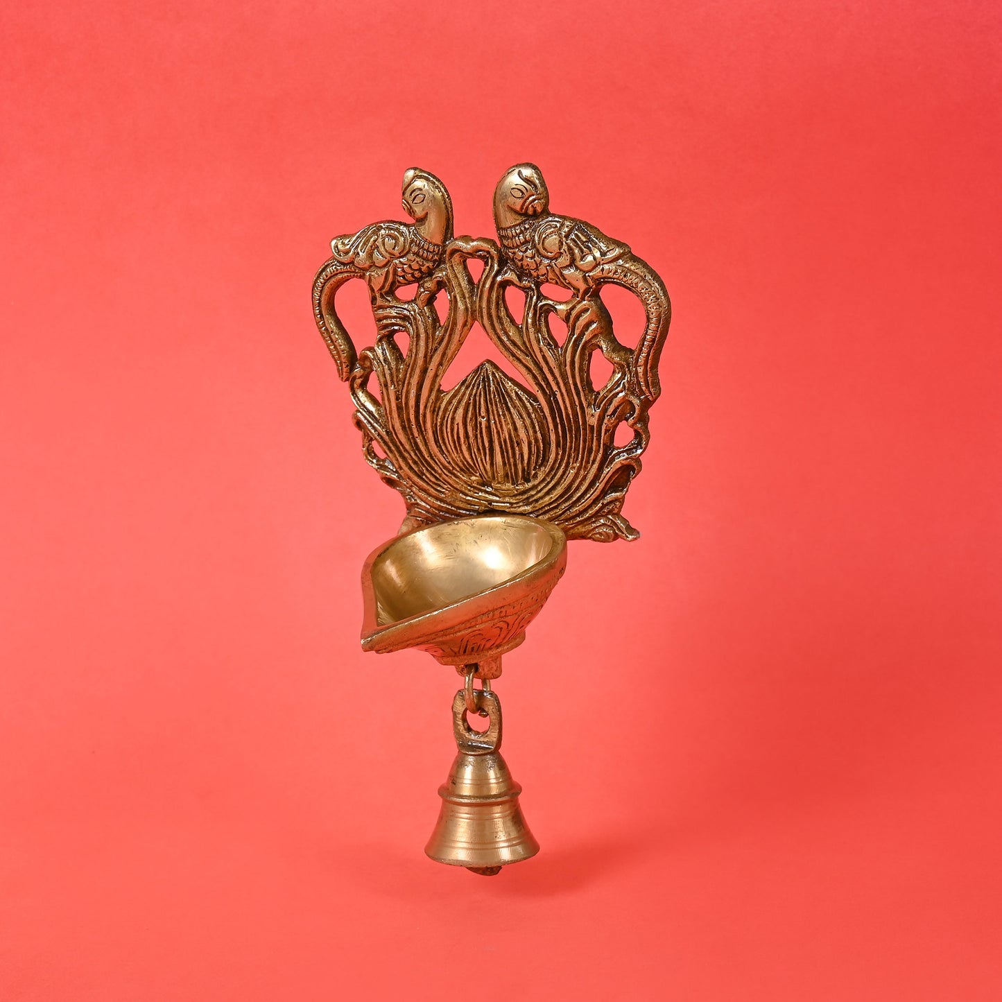 Brass Ethnic Twin Peacock Design Wall Hanging Diya with Bell
