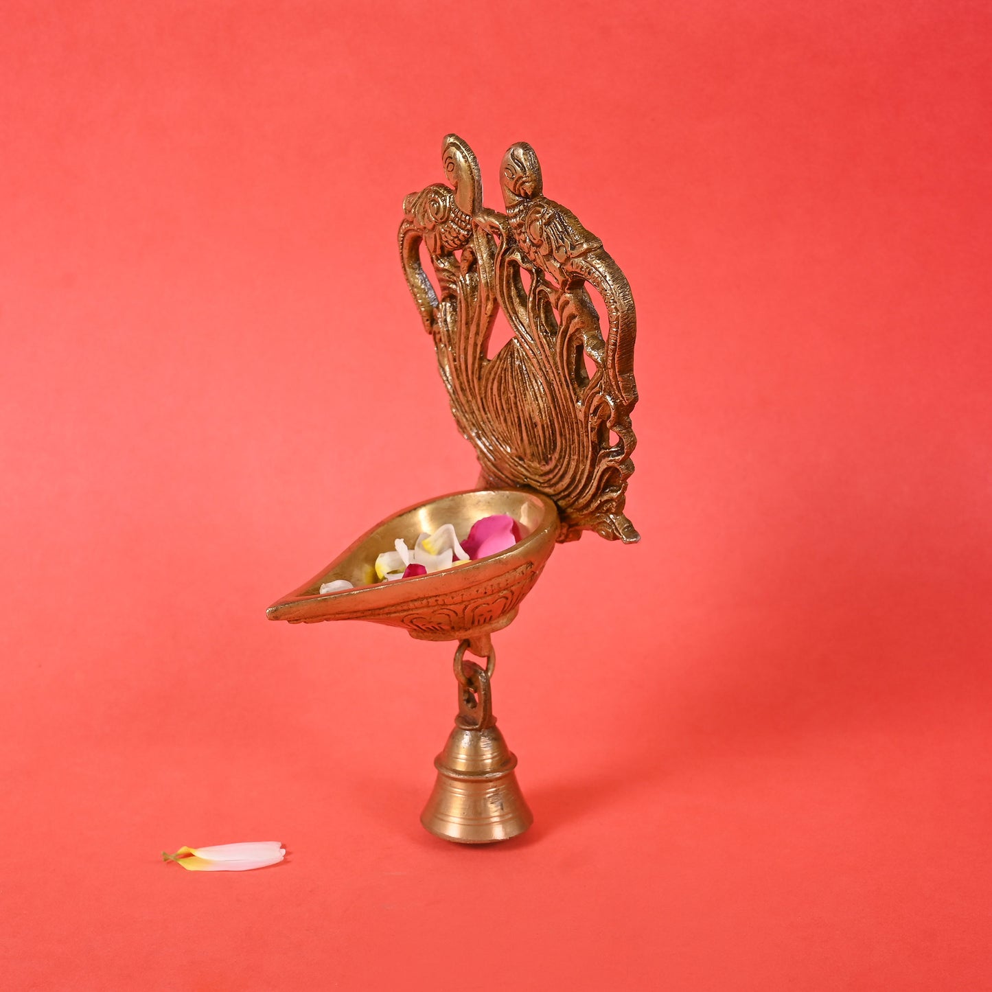Brass Ethnic Twin Peacock Design Wall Hanging Diya with Bell