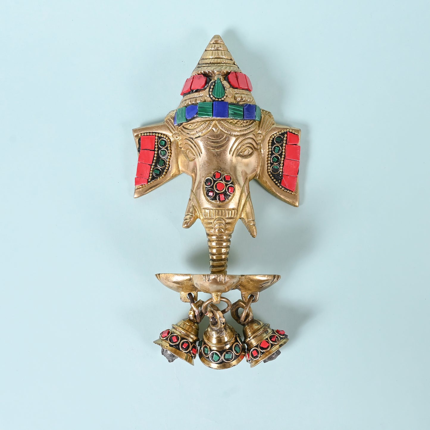 Brass Gemstone Work Ganesha Wall Hanging Diya with Bells