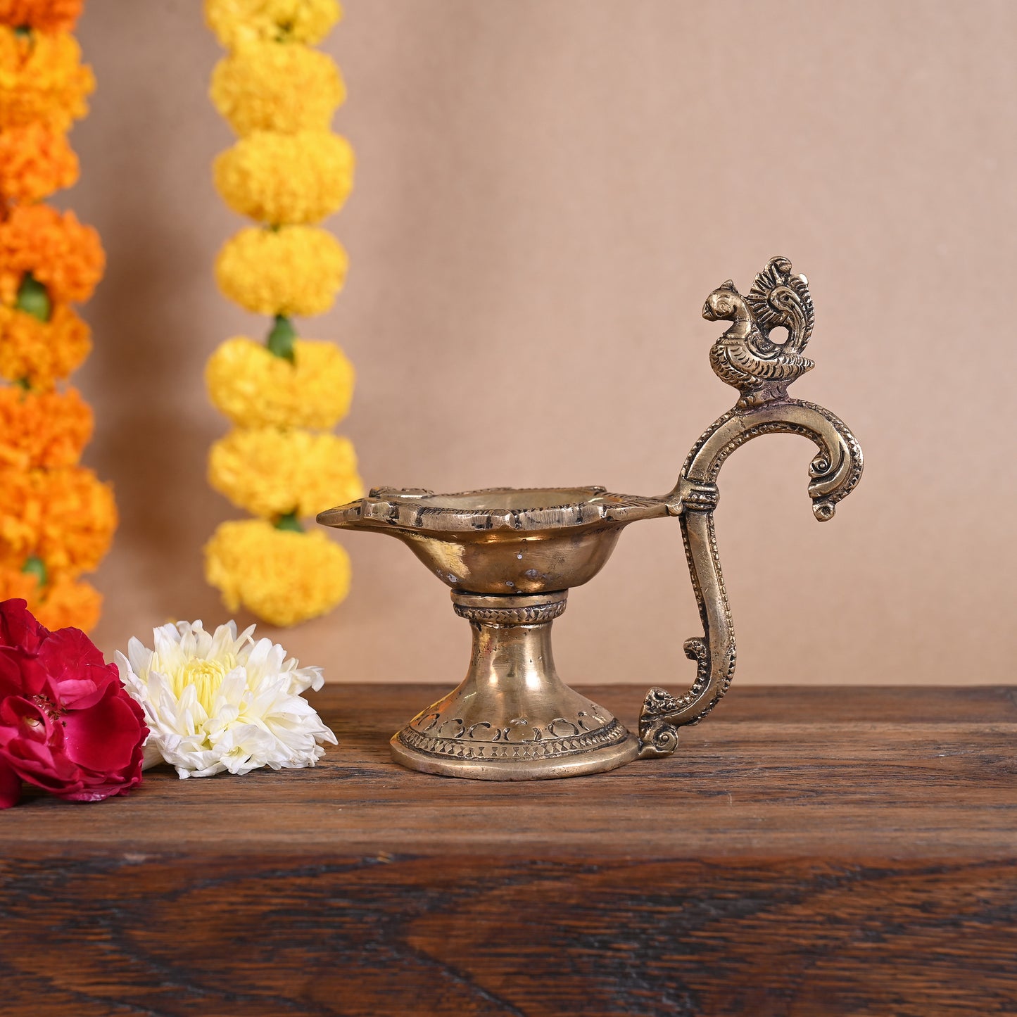 BRASS PEACOCK DIYA ( 5" ) + BRASS BUDDHA ON LEAF WALL HANGING