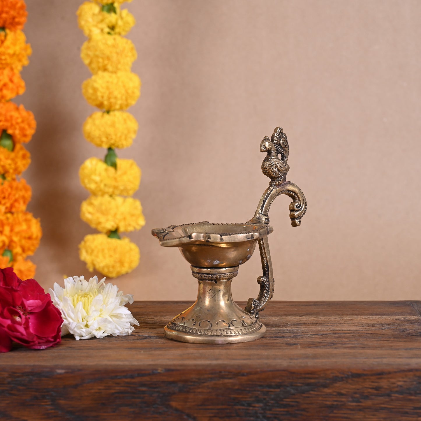 BRASS PEACOCK DIYA ( 5" ) + BRASS BUDDHA ON LEAF WALL HANGING