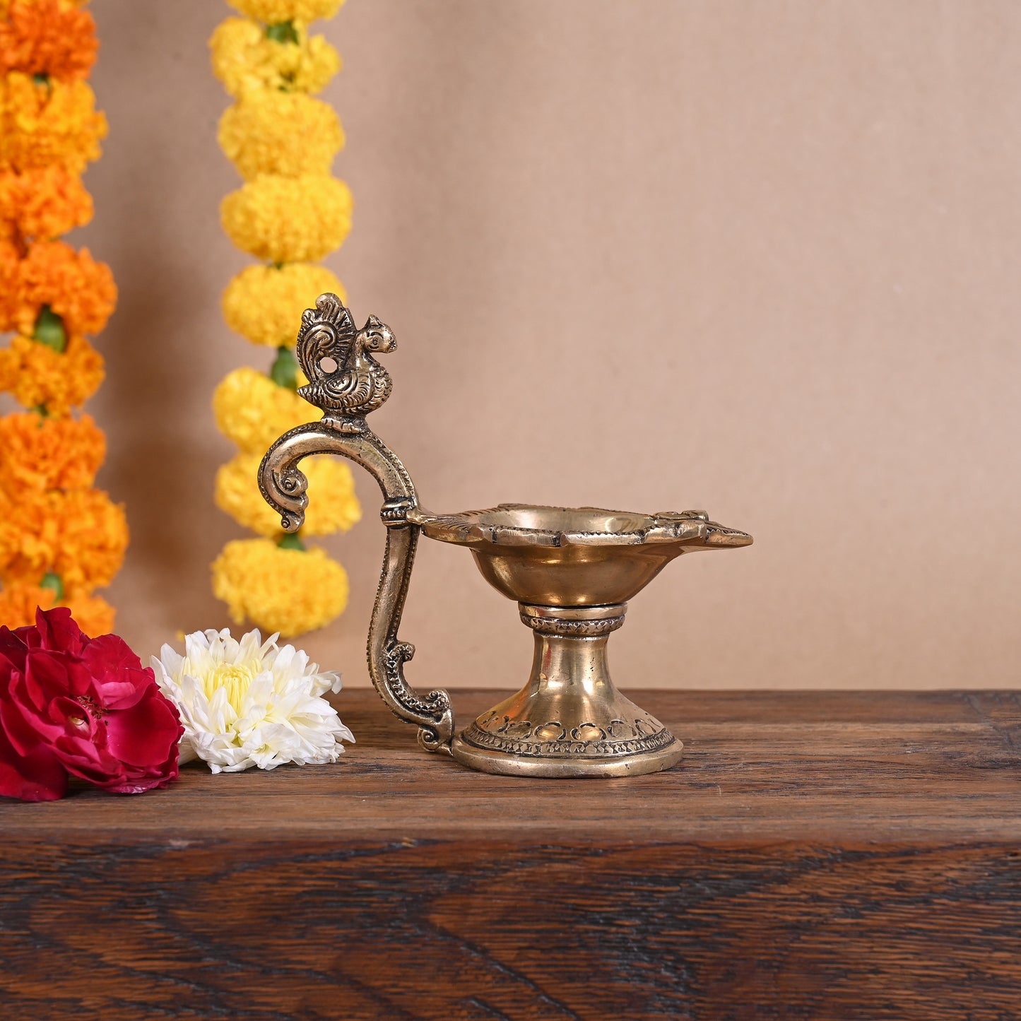 BRASS PEACOCK DIYA ( 5" ) + BRASS BUDDHA ON LEAF WALL HANGING