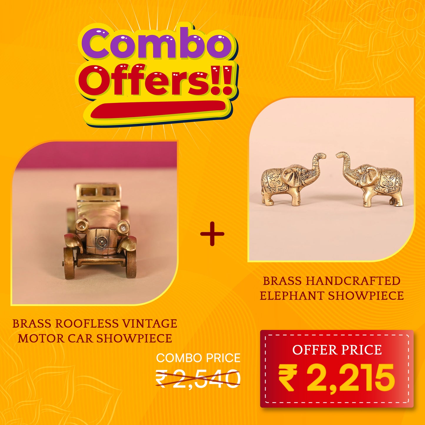 BRASS ROOFLESS VINTAGE MOTOR CAR SHOWPIECE + BRASS HANDCRAFTED ELEPHANT SHOWPIECE