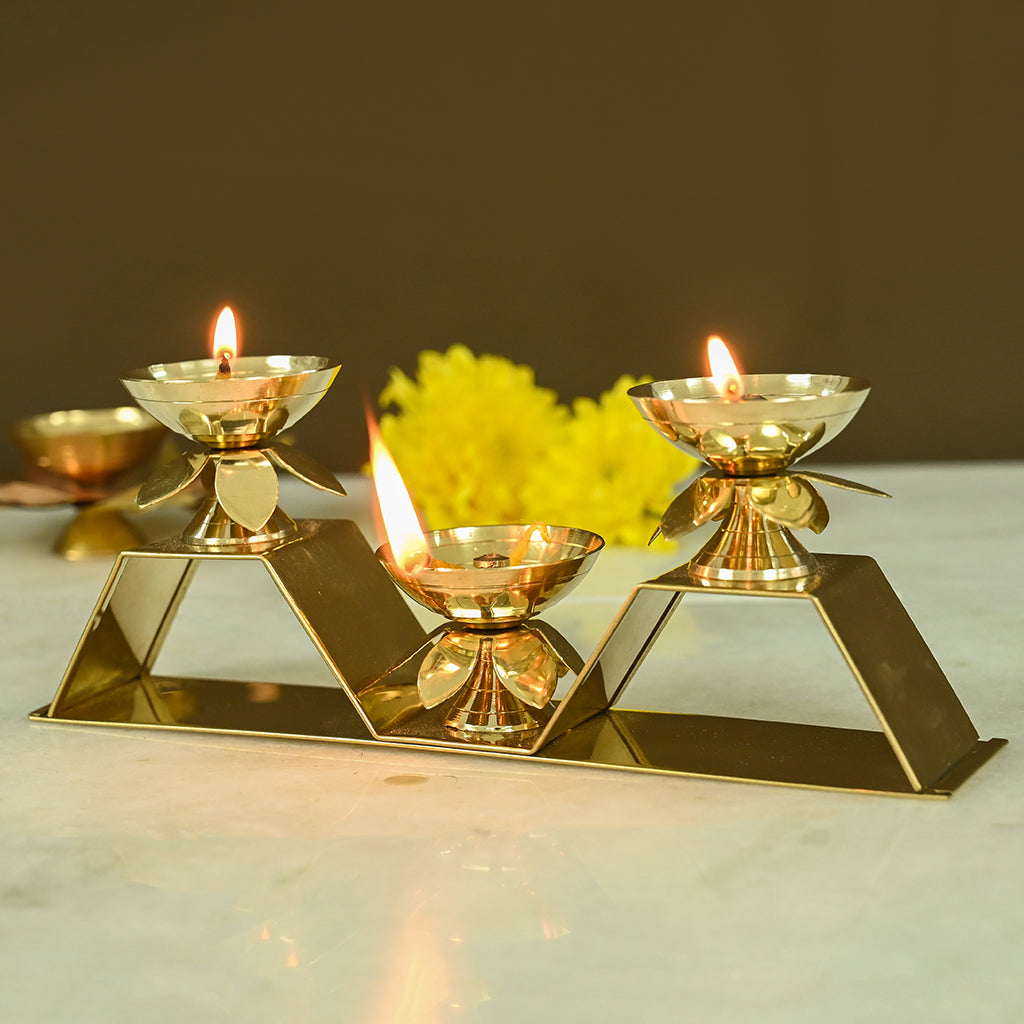 Brass Three Flower Diya with Stand