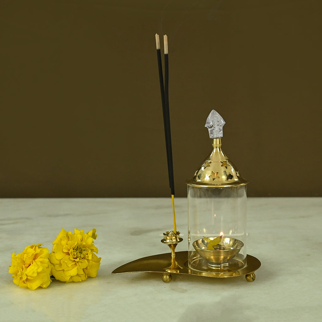 Brass Leaf Tray Diya with Incese Holder
