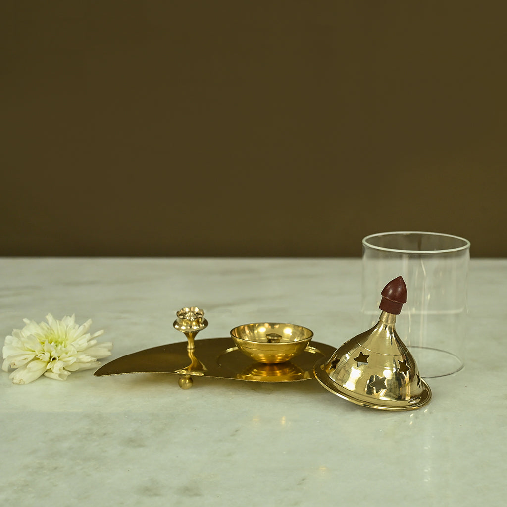 Brass Leaf Tray Diya with Incese Holder