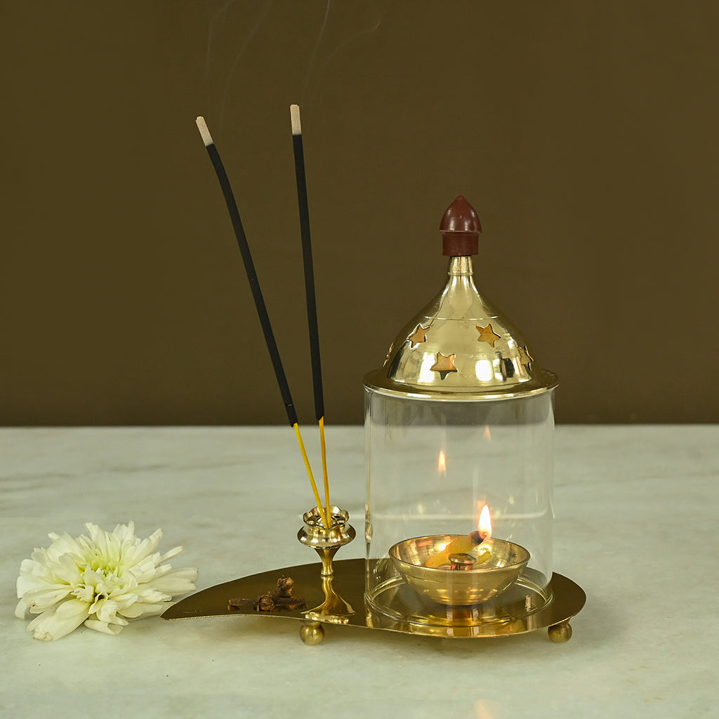 Brass Leaf Tray Diya with Incese Holder