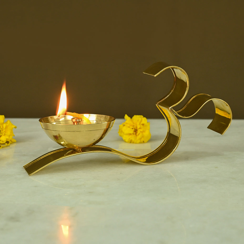 Brass OM Akhand Brass Diya for Pooja