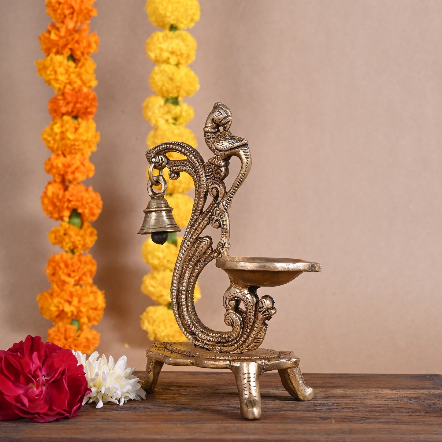 Antique Brass Parrot Diya (8")