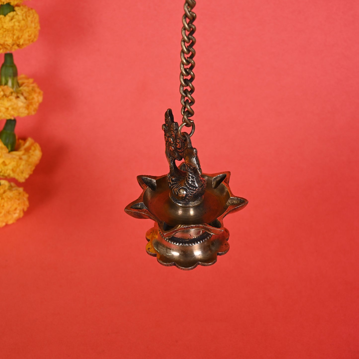 Brass Hanging Diya With 5- Wicks ( 17" )