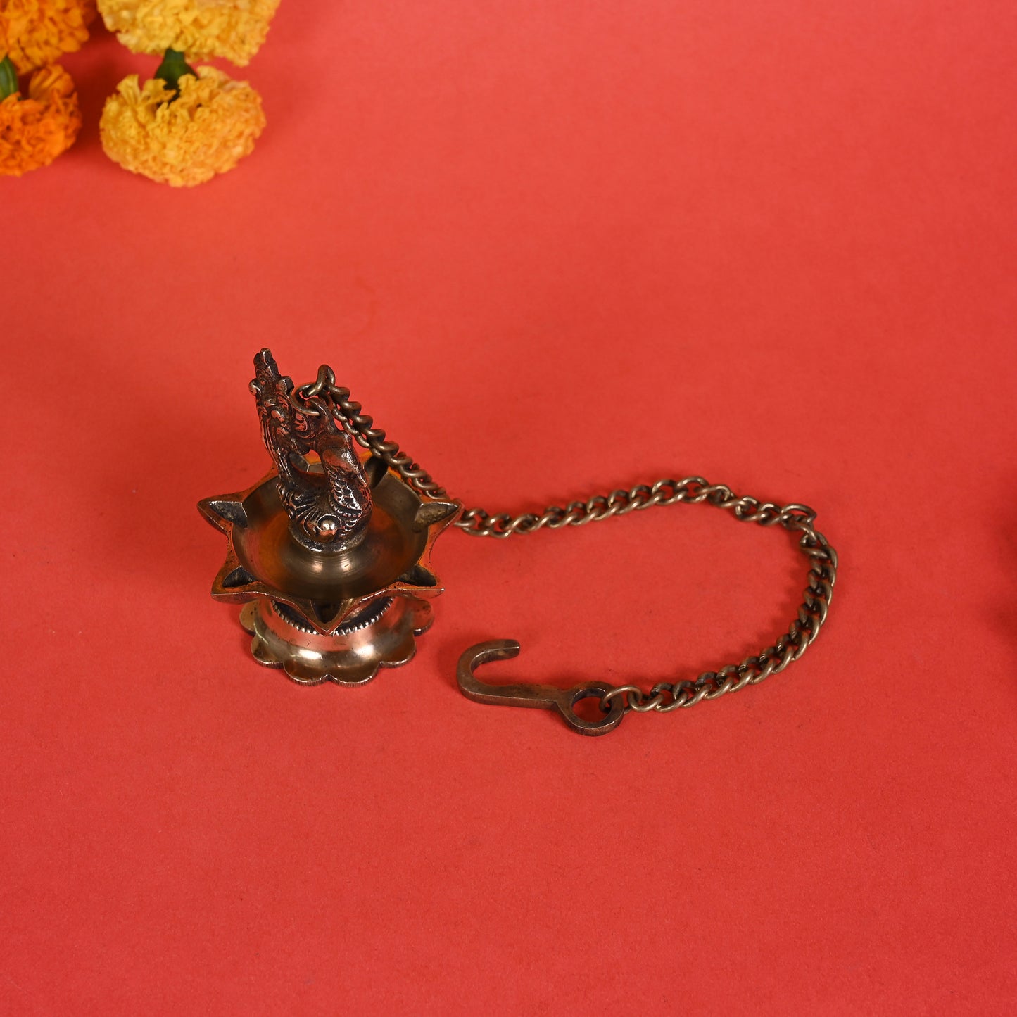 Brass Hanging Diya With 5- Wicks ( 17" )