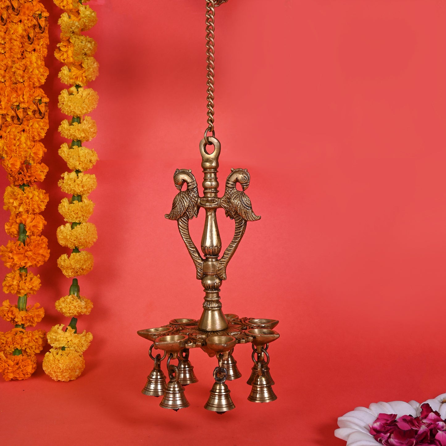 Brass Peacock Hanging Diya With Bells ( 29.5" )