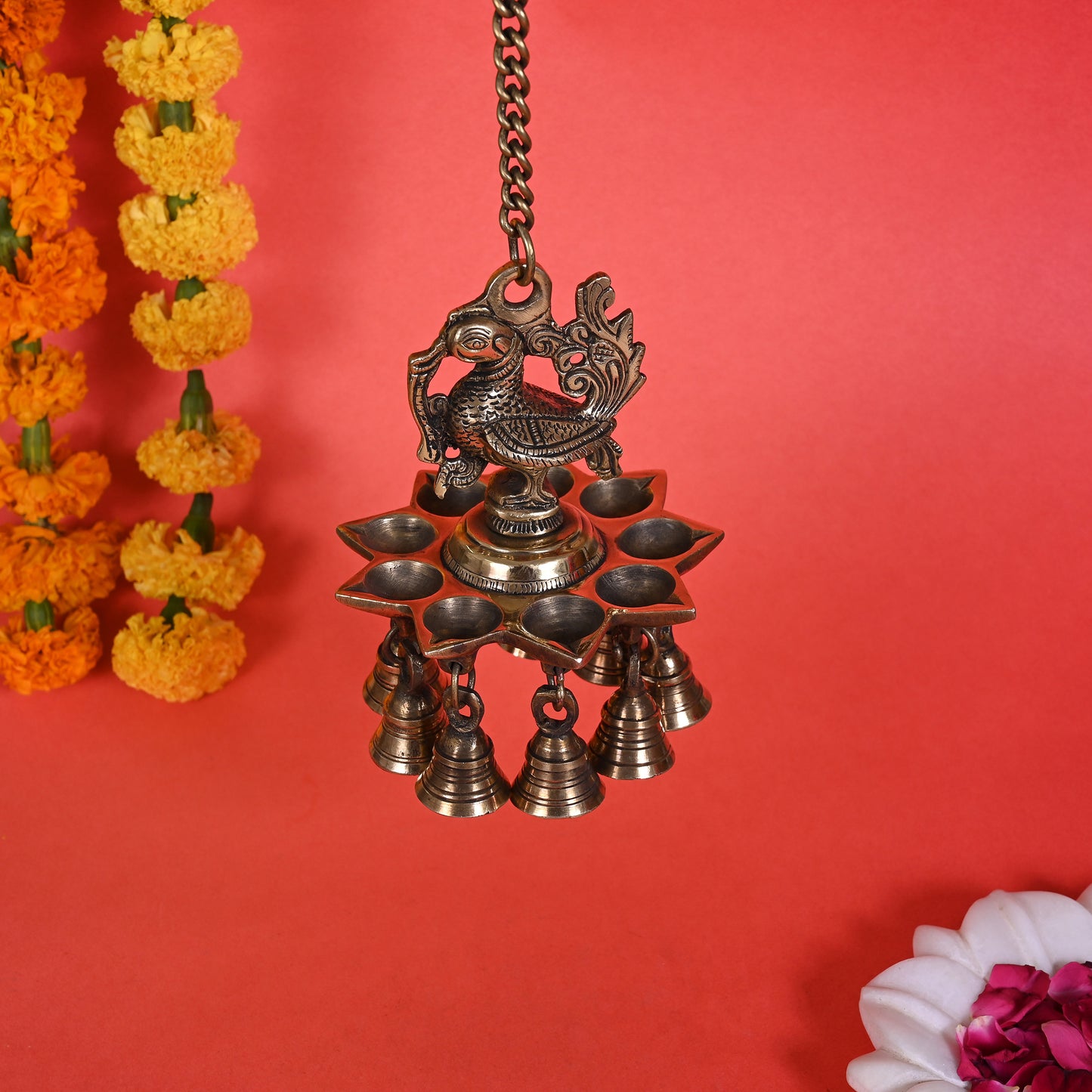 Brass Peacock Hanging Diya With Bells ( 20" )
