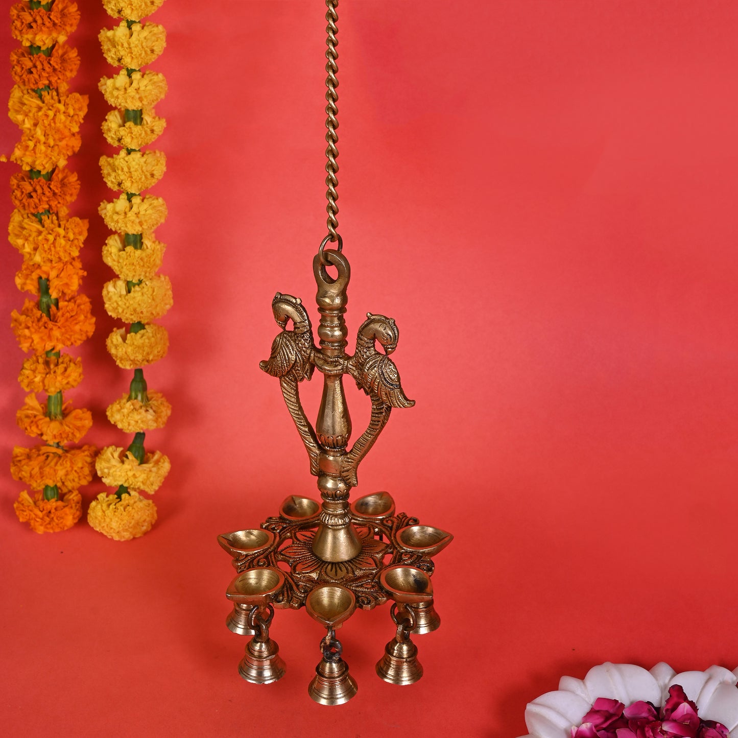 Brass Peacock Hanging Diya With Bells ( 29.5" )