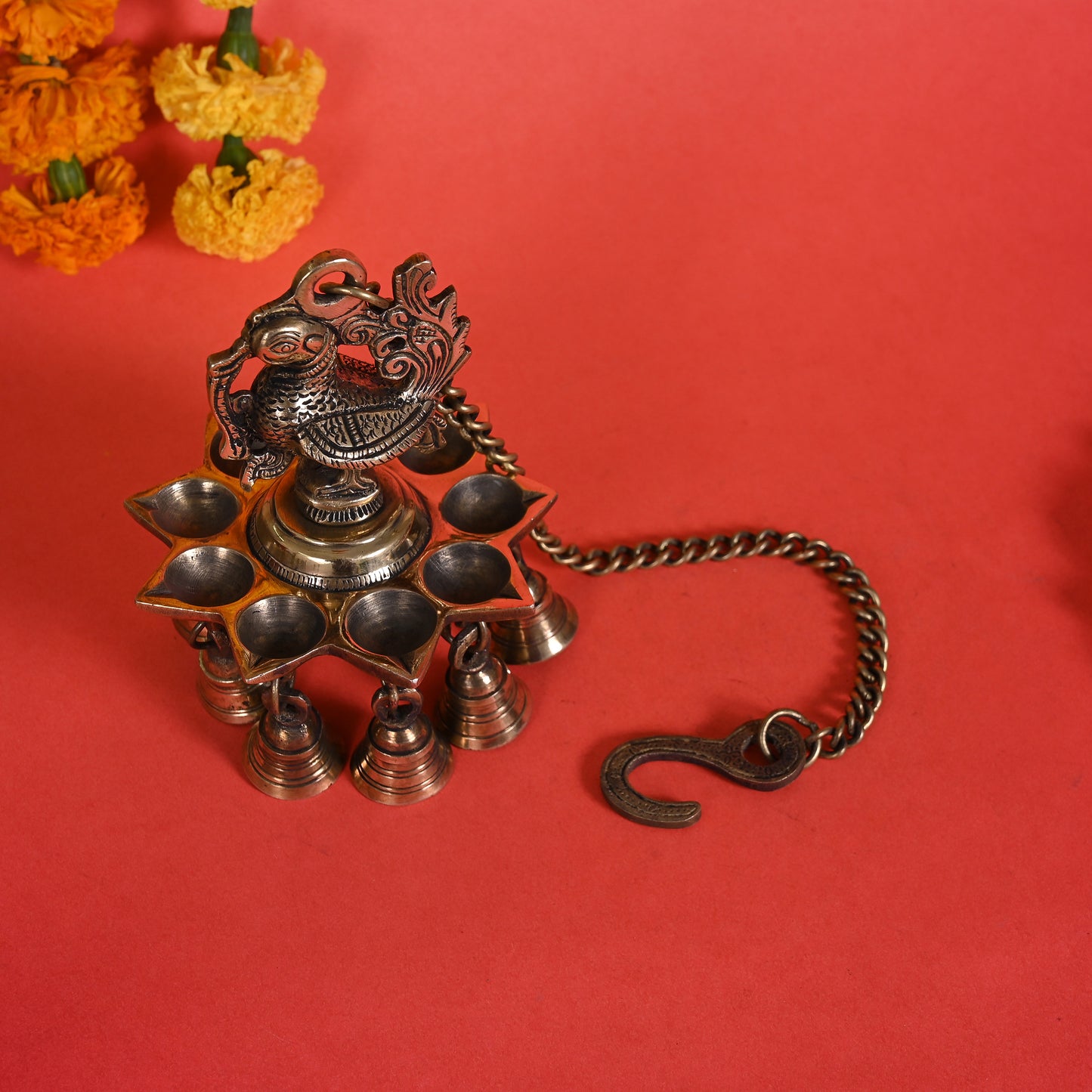 Brass Peacock Hanging Diya With Bells ( 20" )
