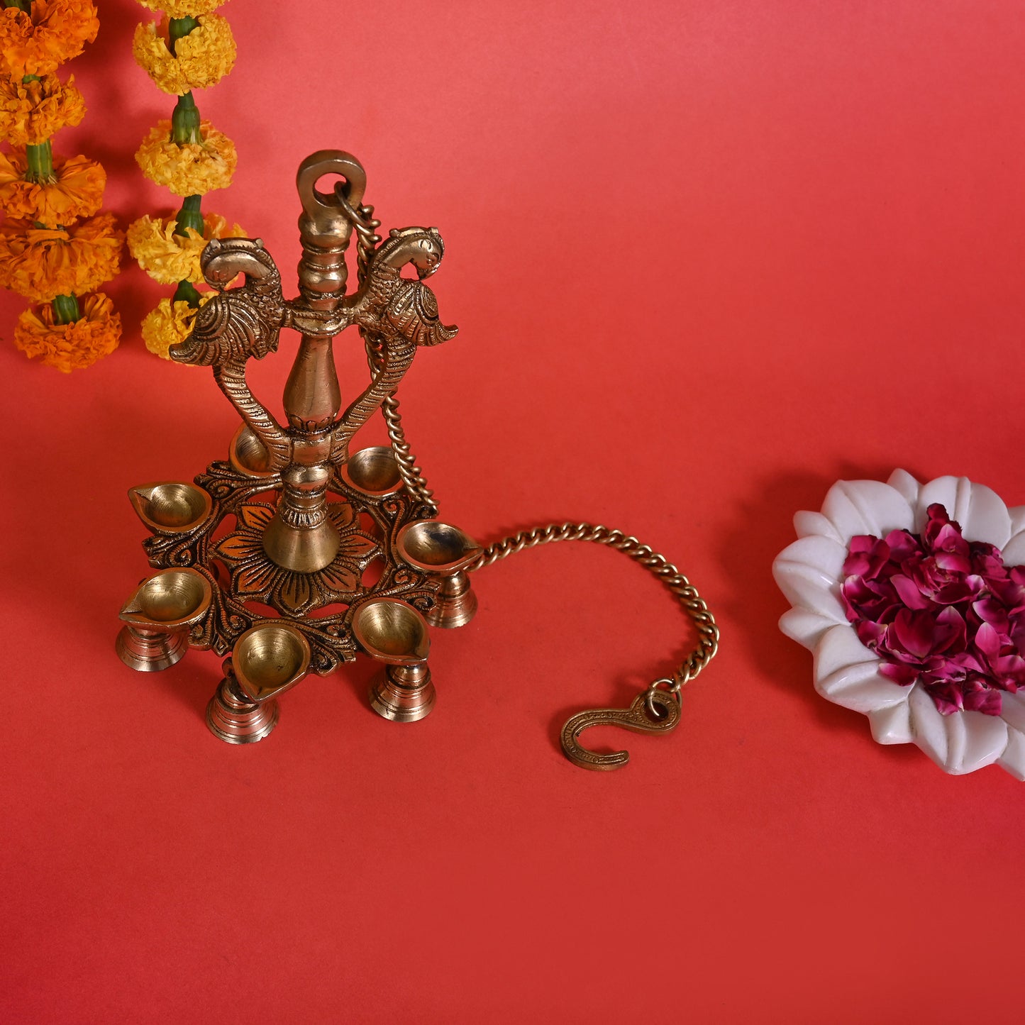 Brass Peacock Hanging Diya With Bells ( 29.5" )