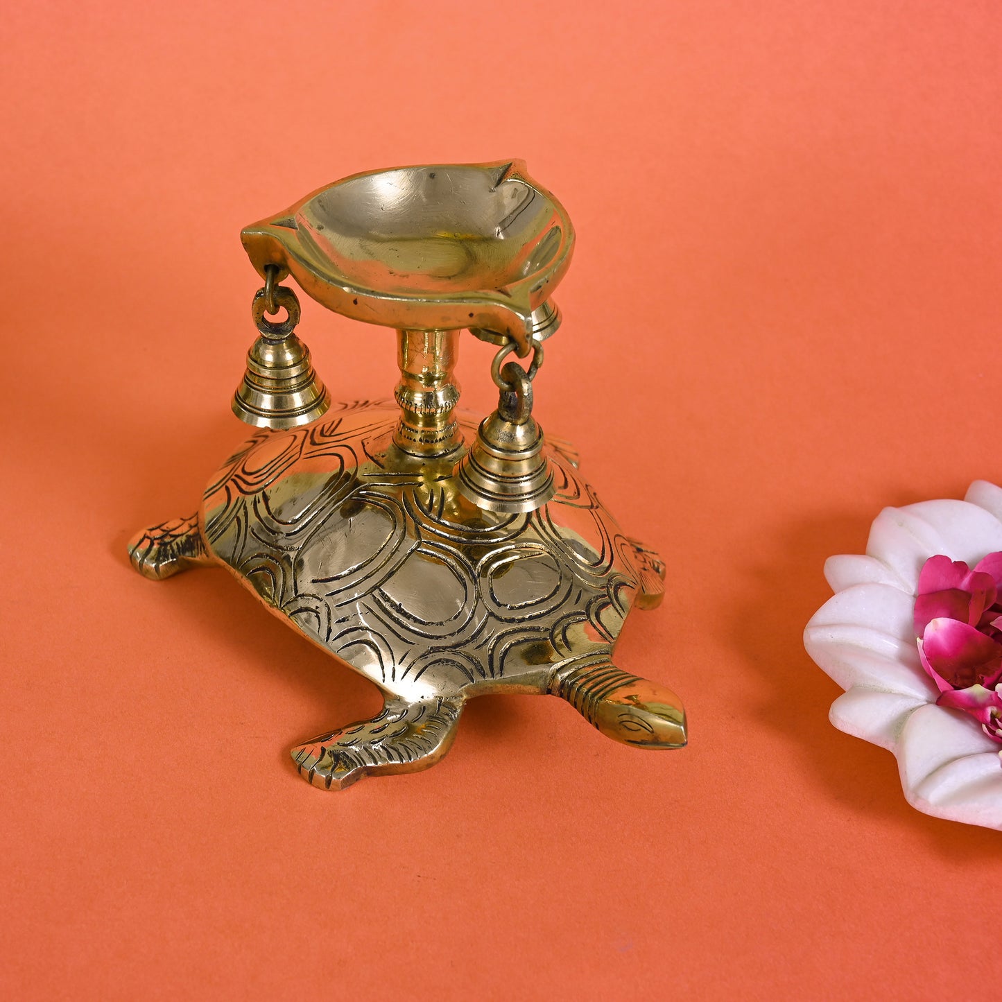 Brass Tortoise Diya With Bells ( 5" )