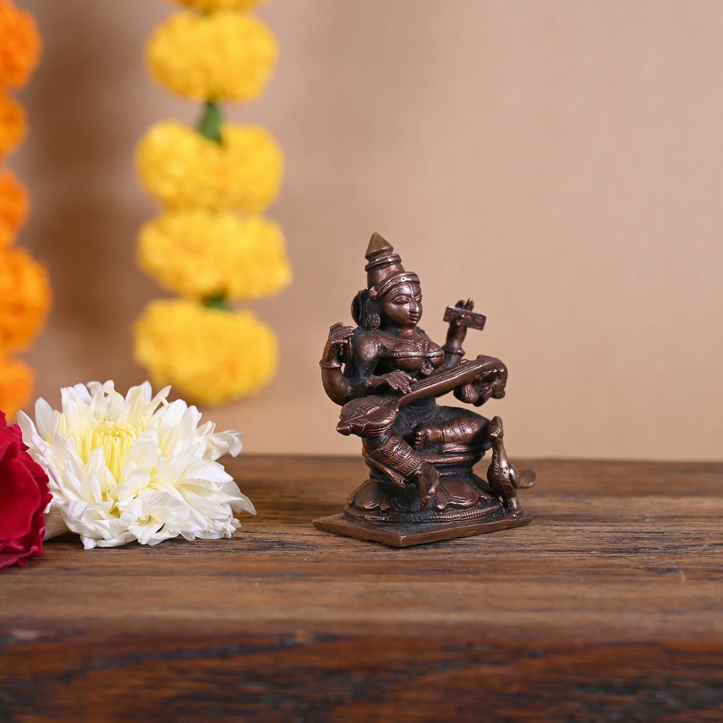 Copper Godess Saraswati Idol ( 3" )