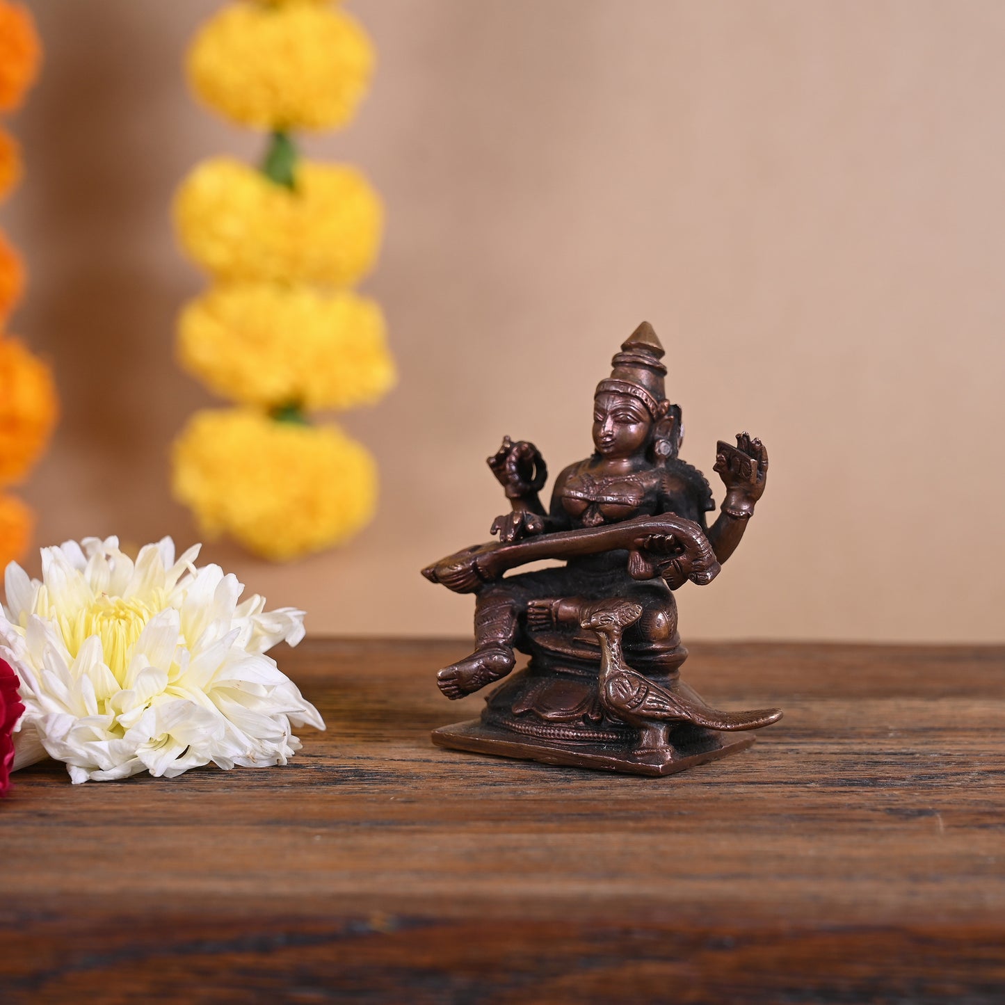 Copper Godess Saraswati Idol ( 3" )