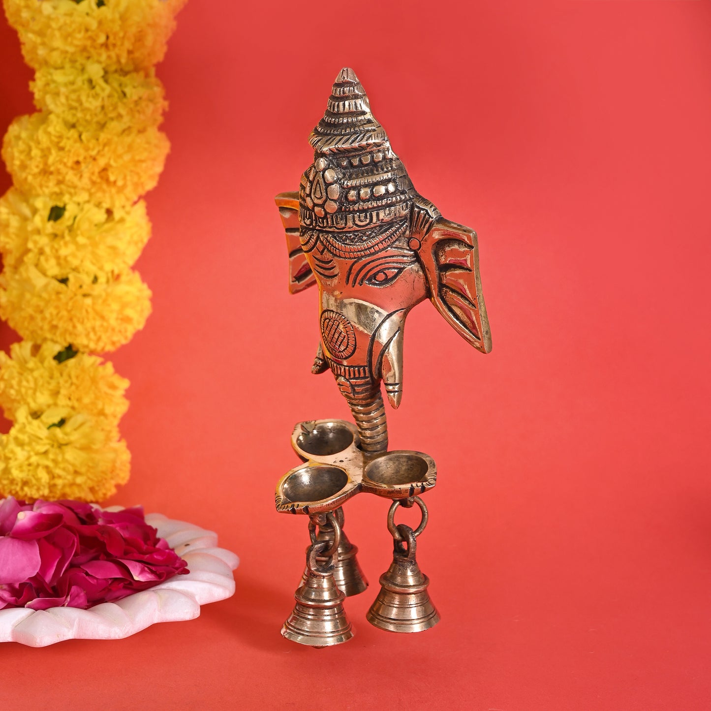 Brass Ganpati with Hanging diya and Bells (8.5")