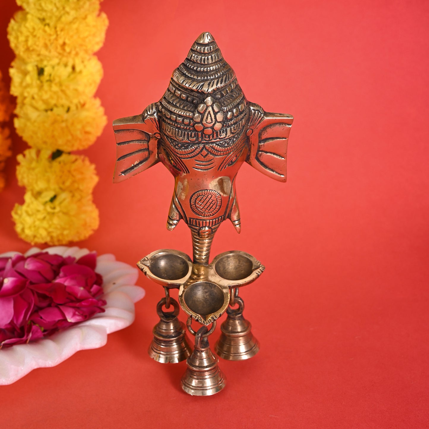 Brass Ganpati with Hanging diya and Bells (8.5")