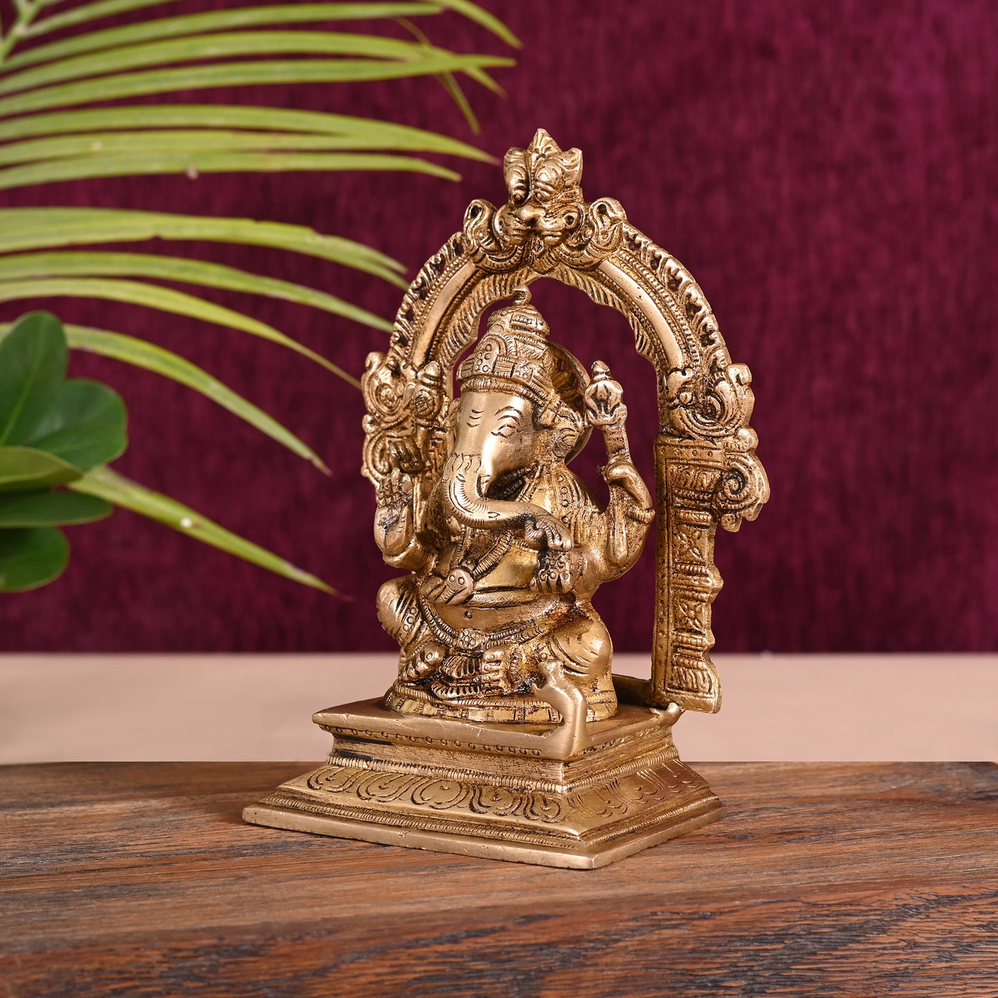 Brass Ganesh Idol Seated On Throne (7")