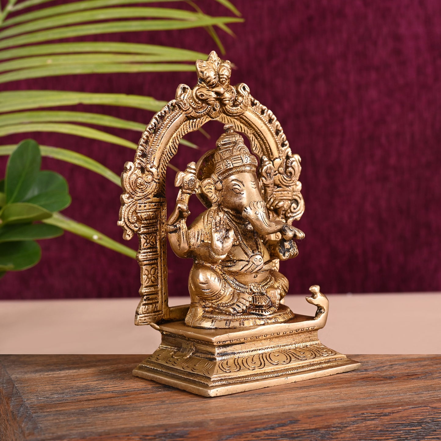 Brass Ganesh Idol Seated On Throne (7")