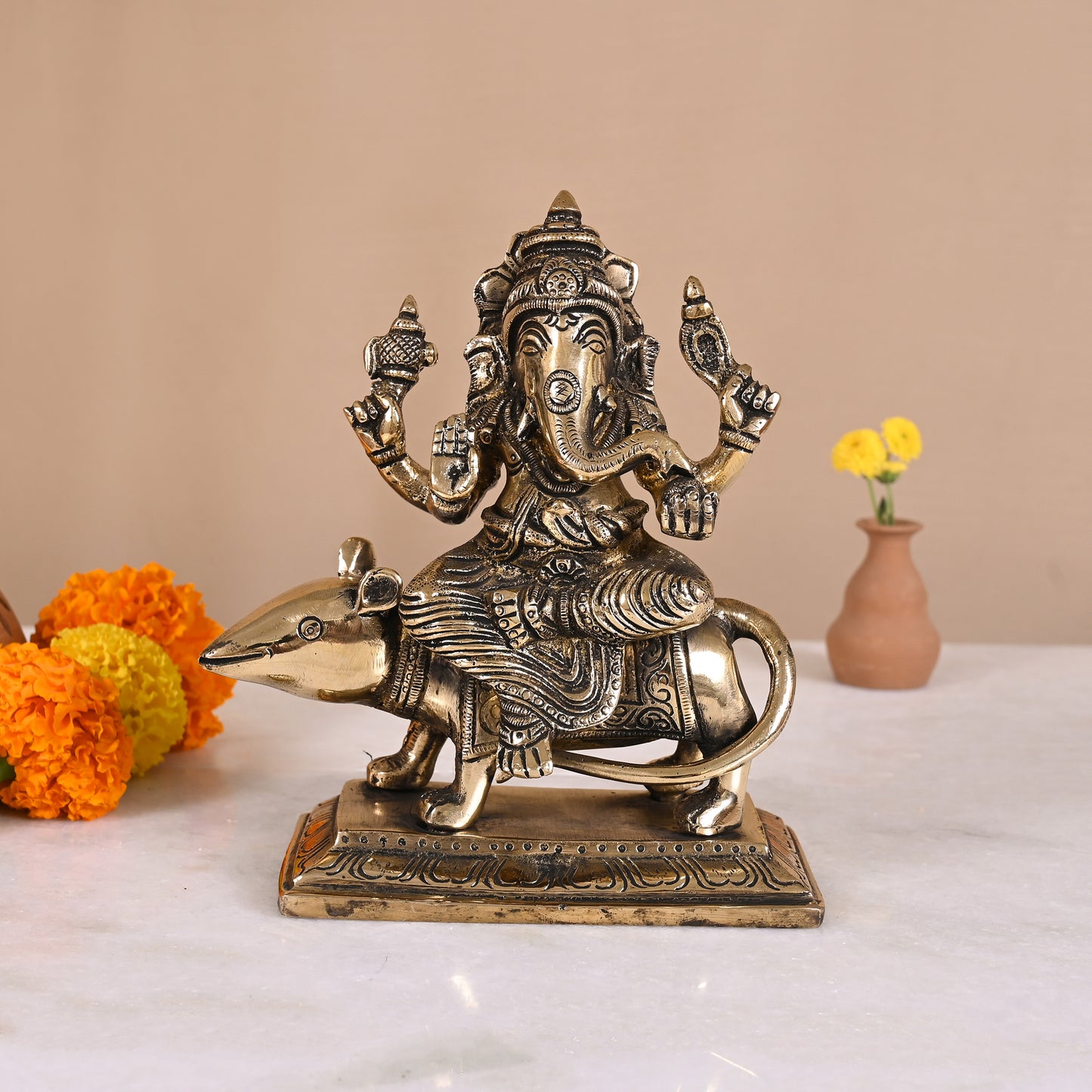 Brass Ganesha on Mushak (7")