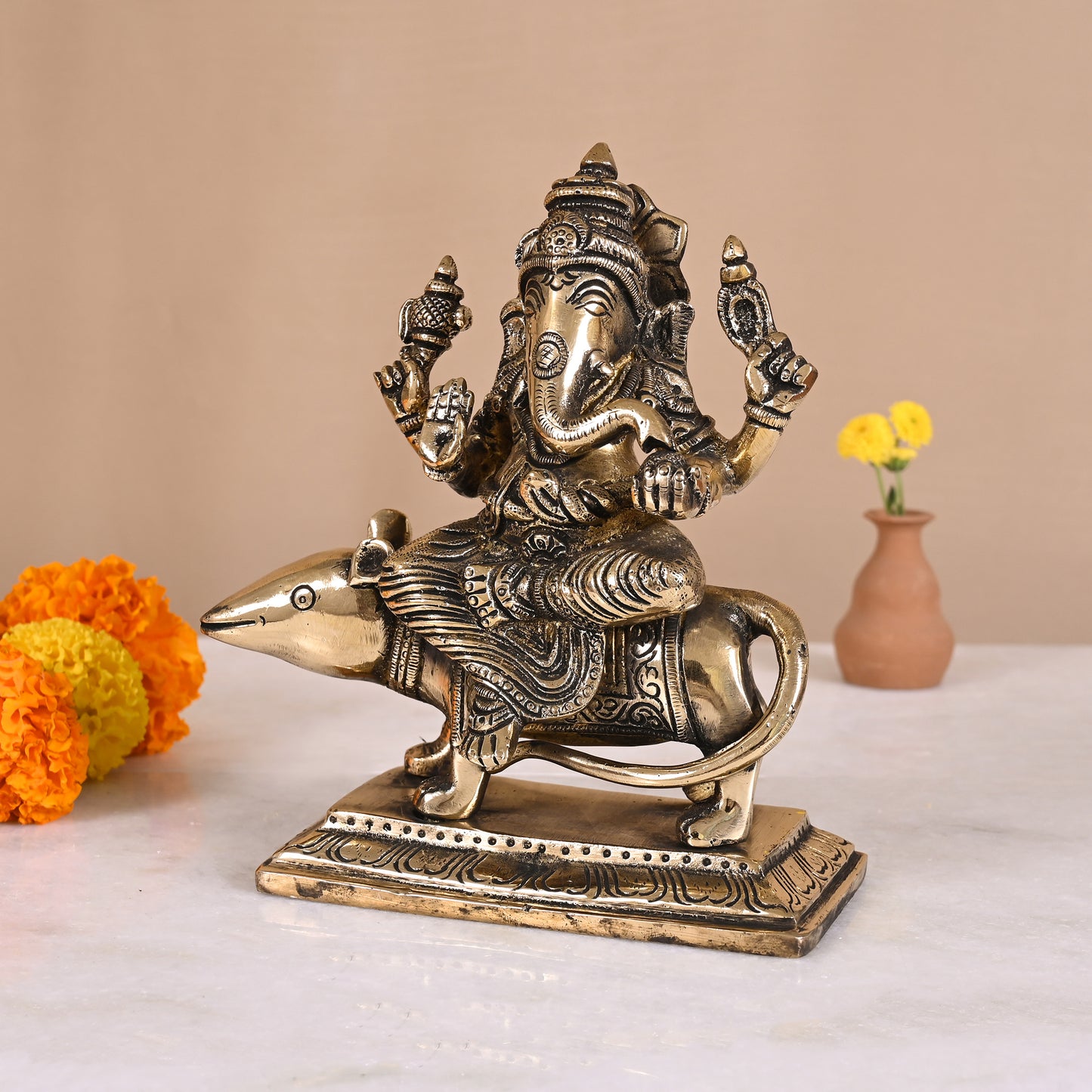 Brass Ganesha on Mushak (7")