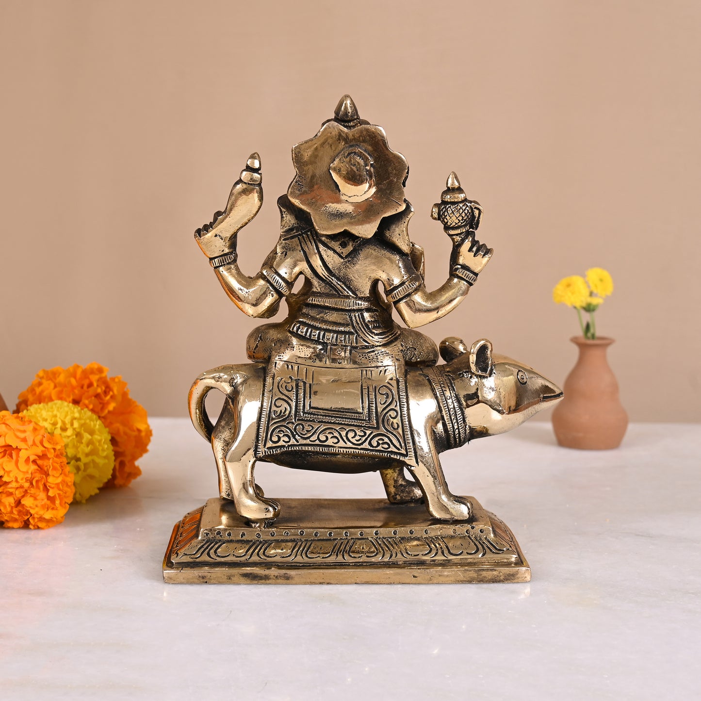 Brass Ganesha on Mushak (7")