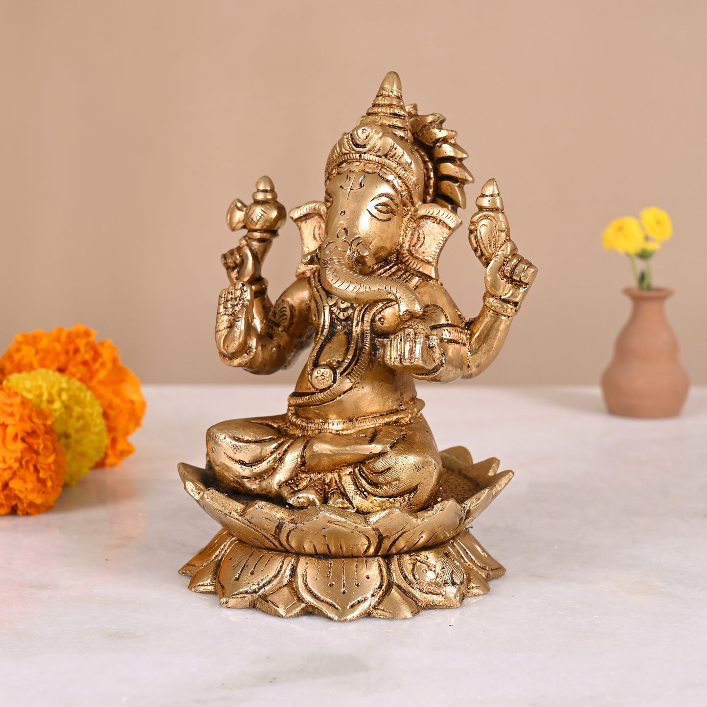 Brass Ganesha Sitting on Lotus (6")
