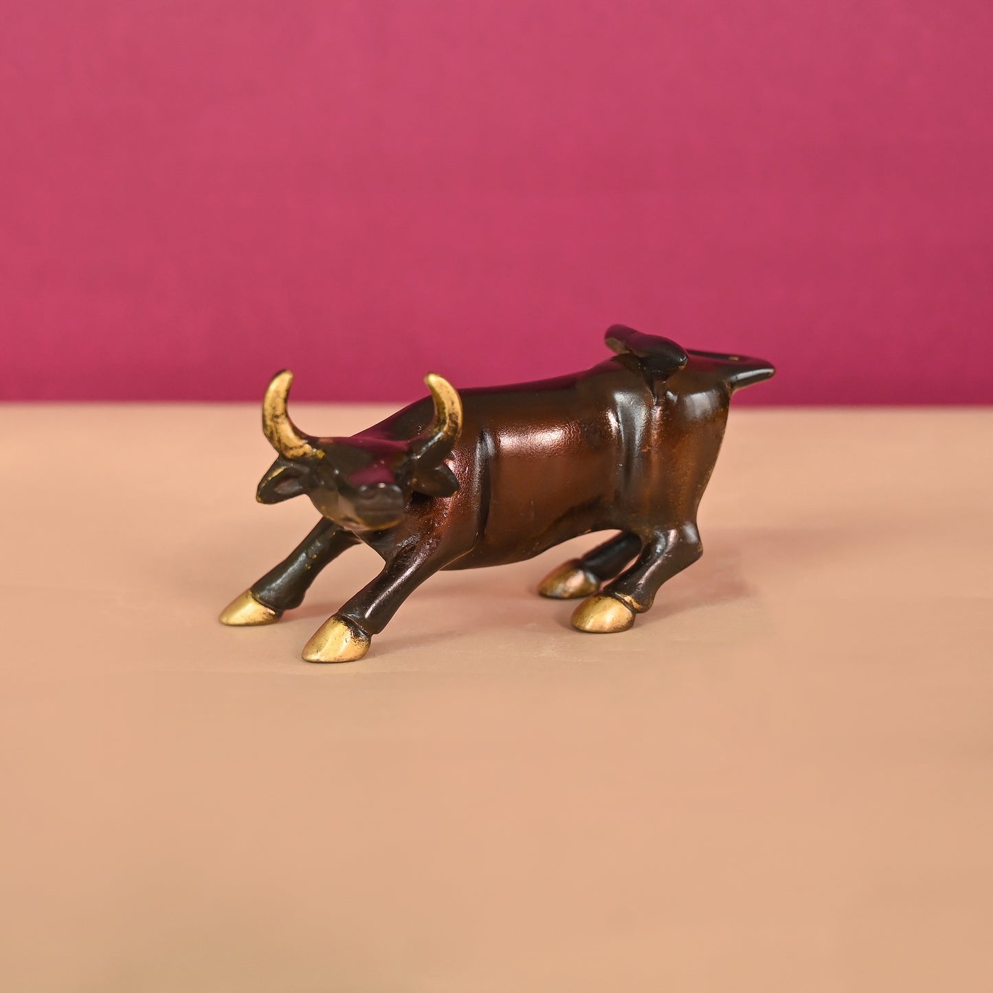 BRASS CHARGING BULL (5") + BRASS GEMSTONE WORK HORSE CART REPLICA DECOR SHOWPIECE