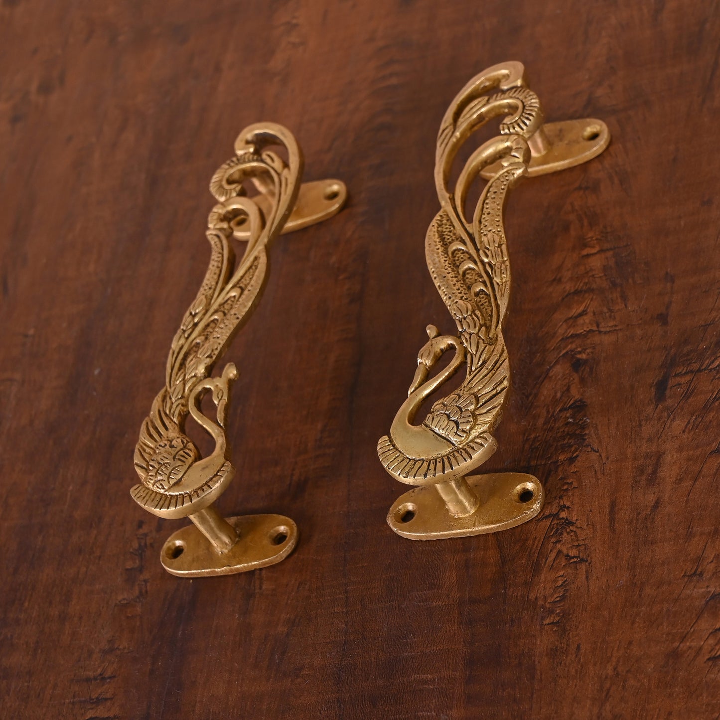 Brass Peacock Design  Door Handle Pair 7"