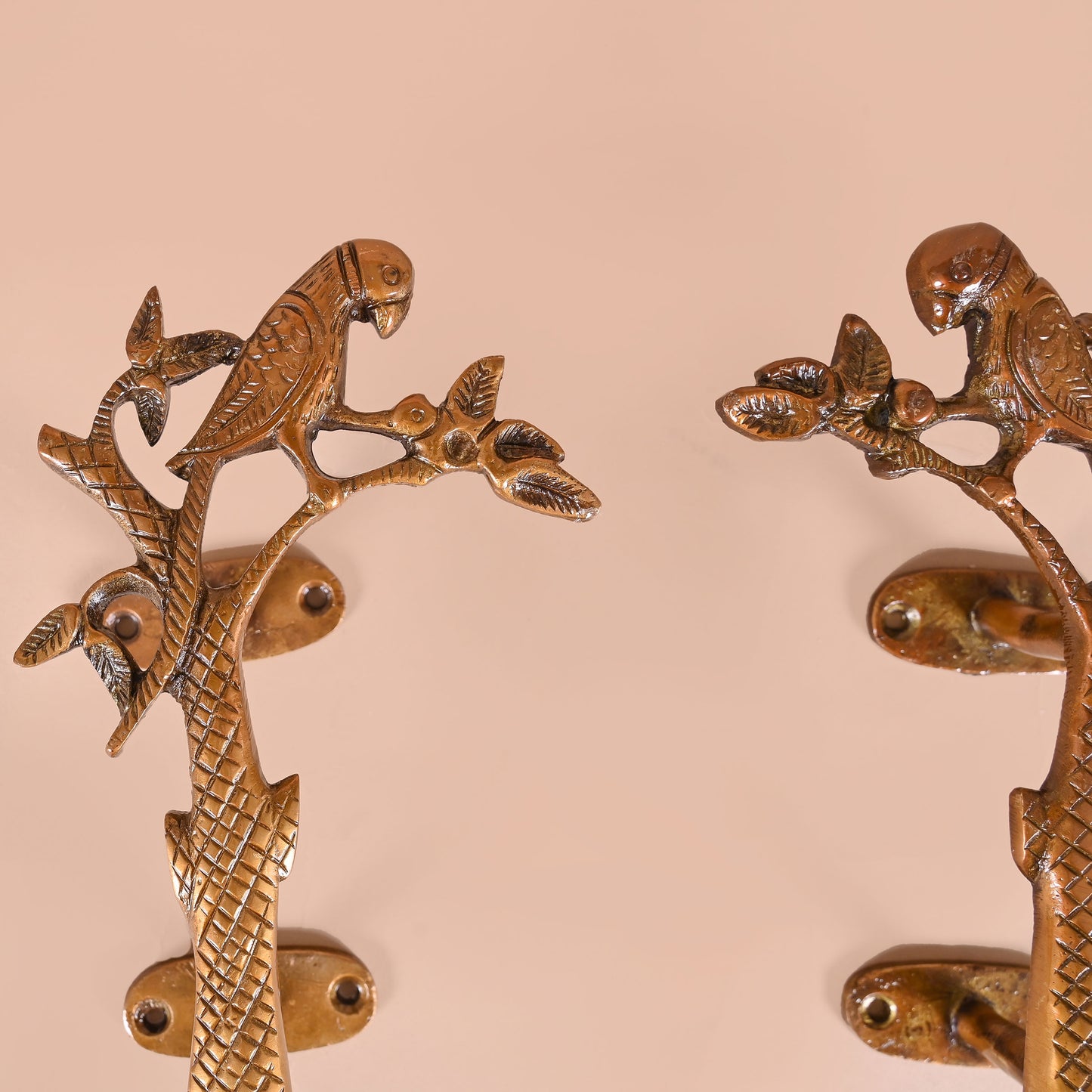 Brass Door Handle Pair Parrot on Tree Design 8"