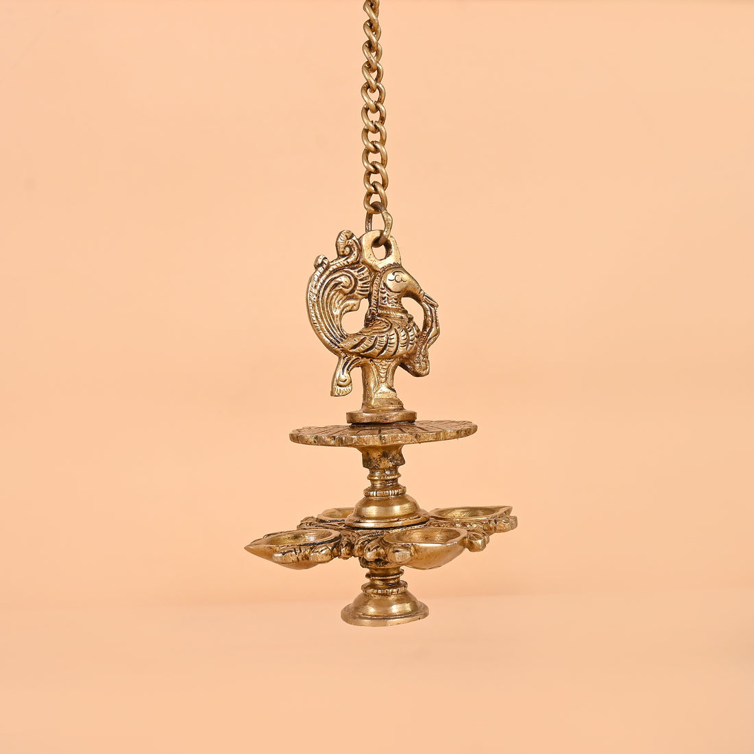 Brass Handmade Peacock Design 4 Oil Wick Hanging Diya