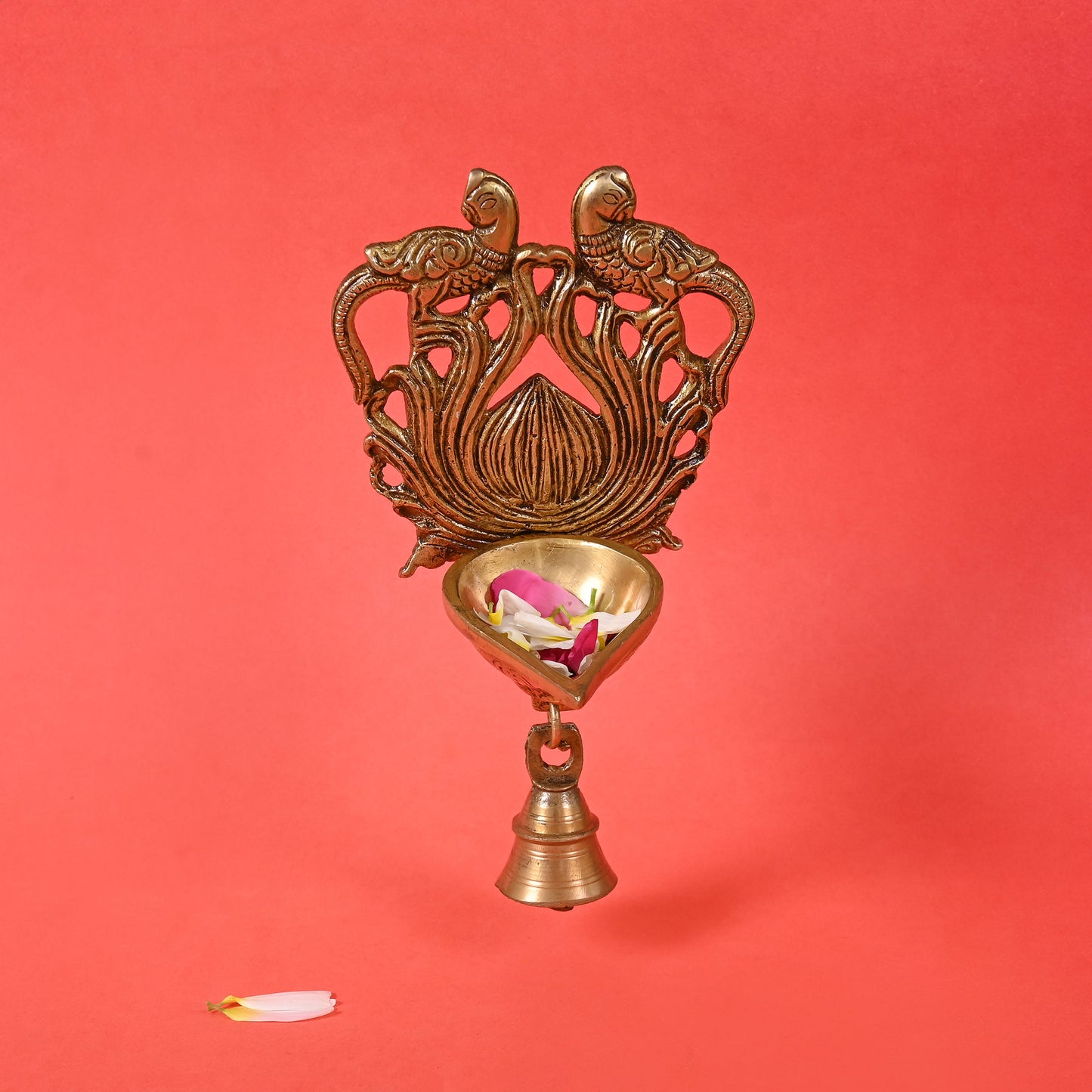 Brass Ethnic Twin Peacock Design Wall Hanging Diya with Bell
