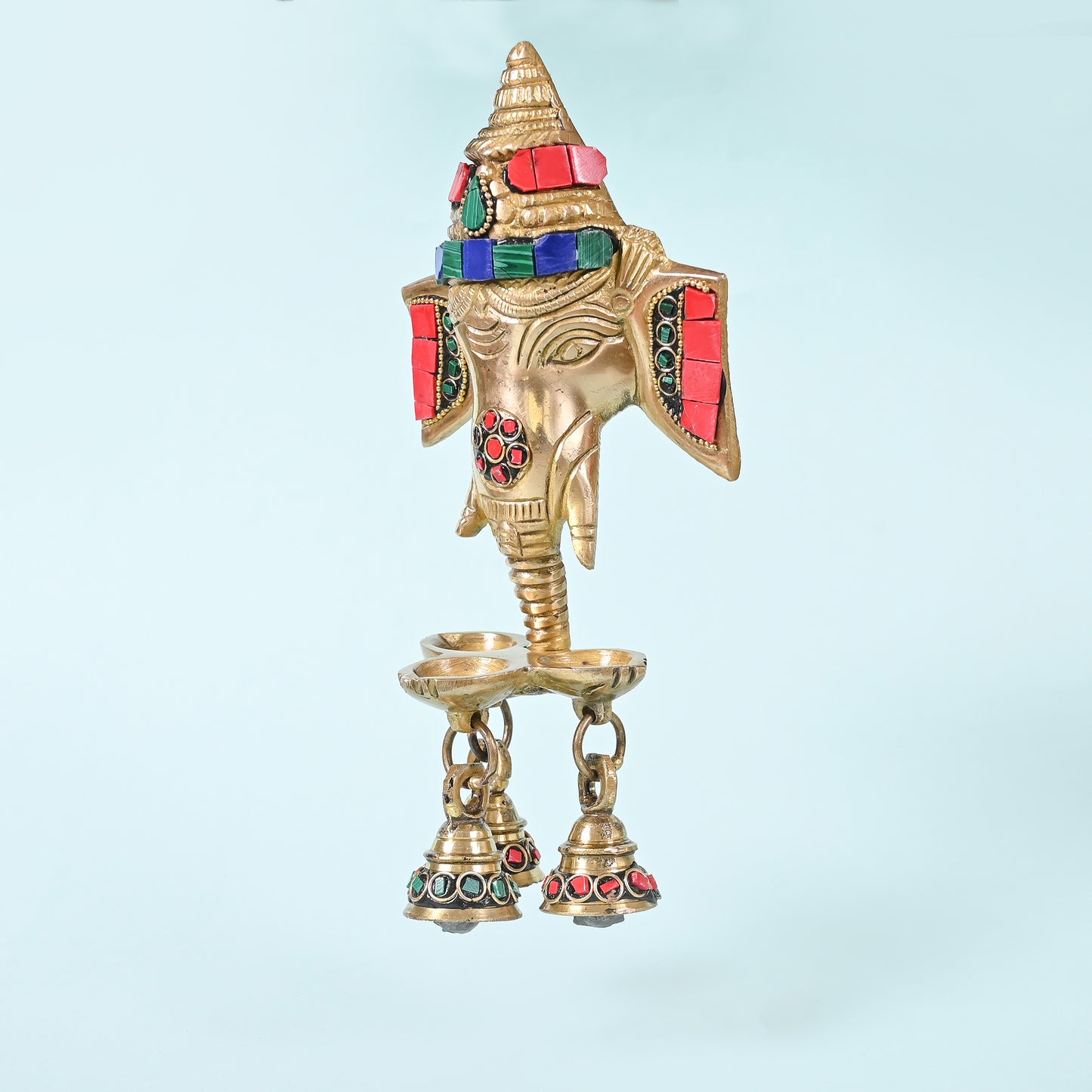 Brass Gemstone Work Ganesha Wall Hanging Diya with Bells