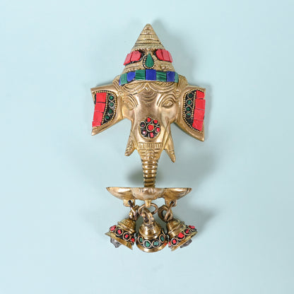 Brass Gemstone Work Ganesha Wall Hanging Diya with Bells