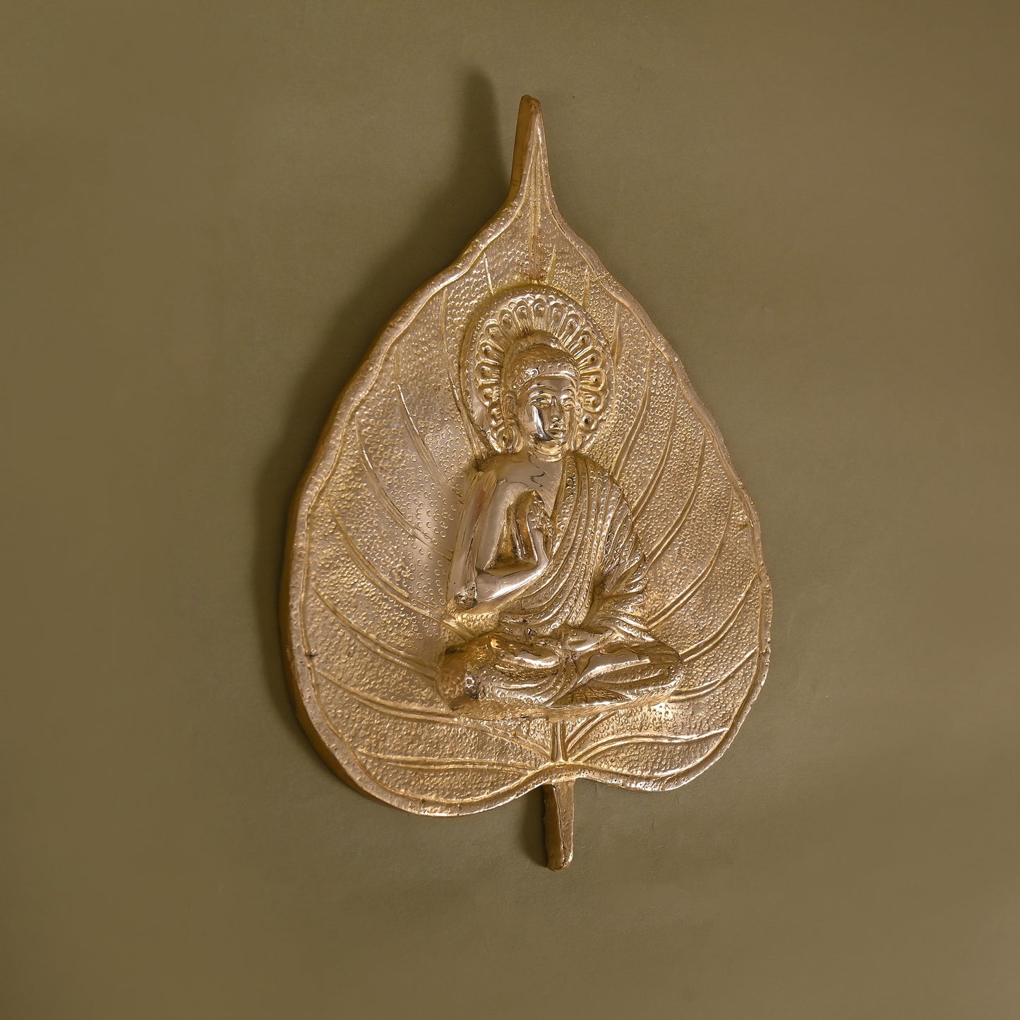 Brass Buddha on Leaf Wall Hanging