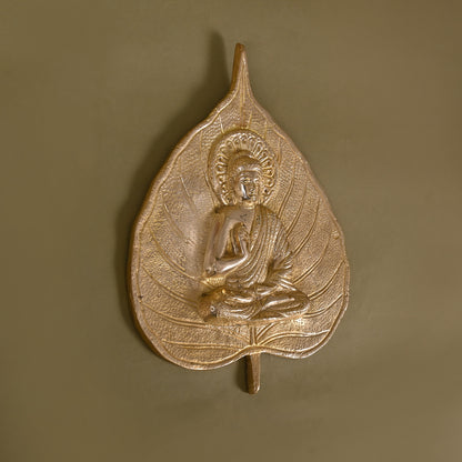 Brass Buddha on Leaf Wall Hanging