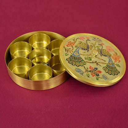 Brass Engraved Masala Box - Peacock
