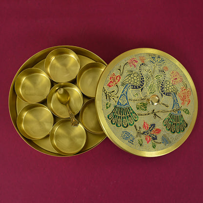 Brass Engraved Masala Box - Peacock